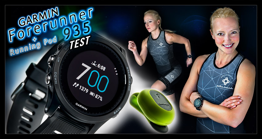 Garmin Forerunner 935 Produkt Test Banner Collage mit sportlerin tri-suit und lauf pod