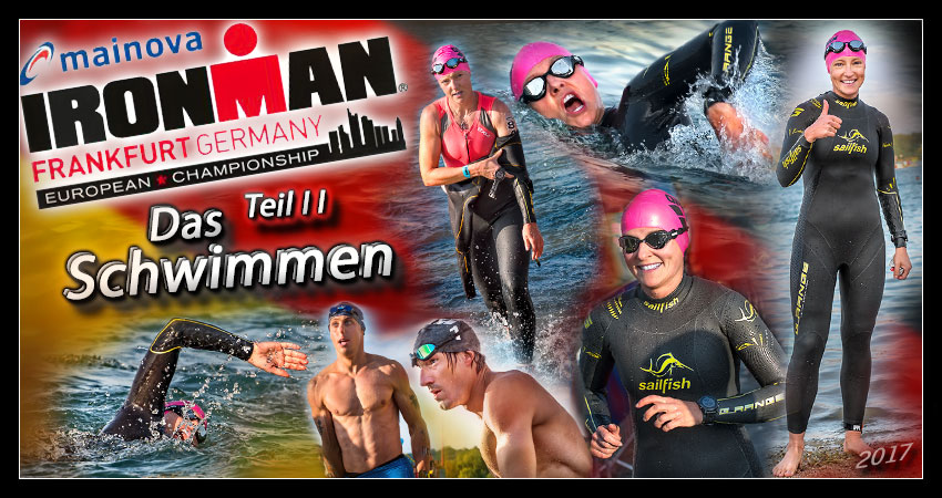 Ironman Frankfurt Rennbericht Beitragsfoto Collage hunderte Triathleten und Profis Schwimmen Langener Waldsee