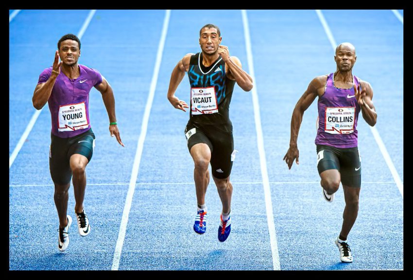 Kim Collins Isiah Young Jimmy Vicaut beim100 Meter Finale Fotofinish Sportfotografie Olympiastadion