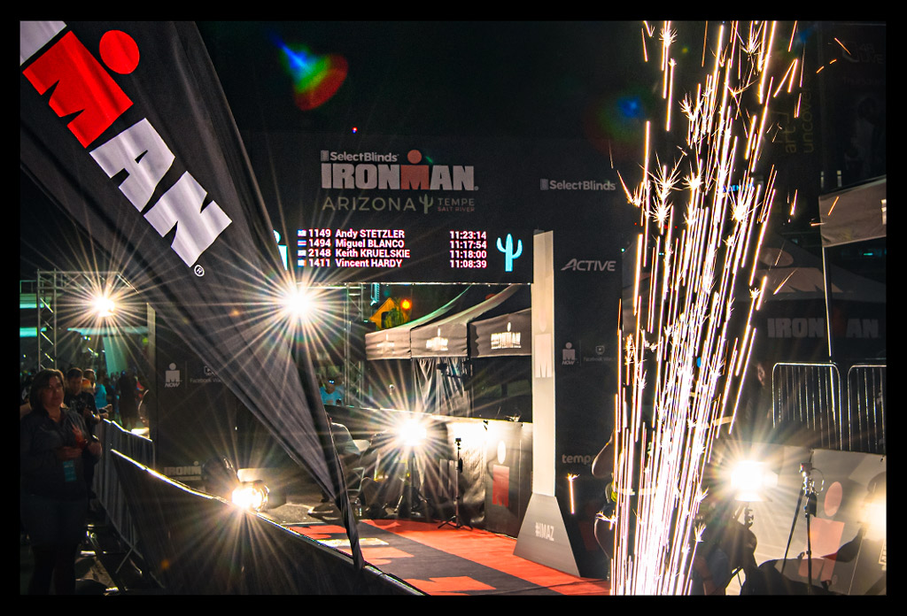 Ironman-Arizona-Tempe finishline with fireworks and flashlights red carpet "M" Logo Ironman