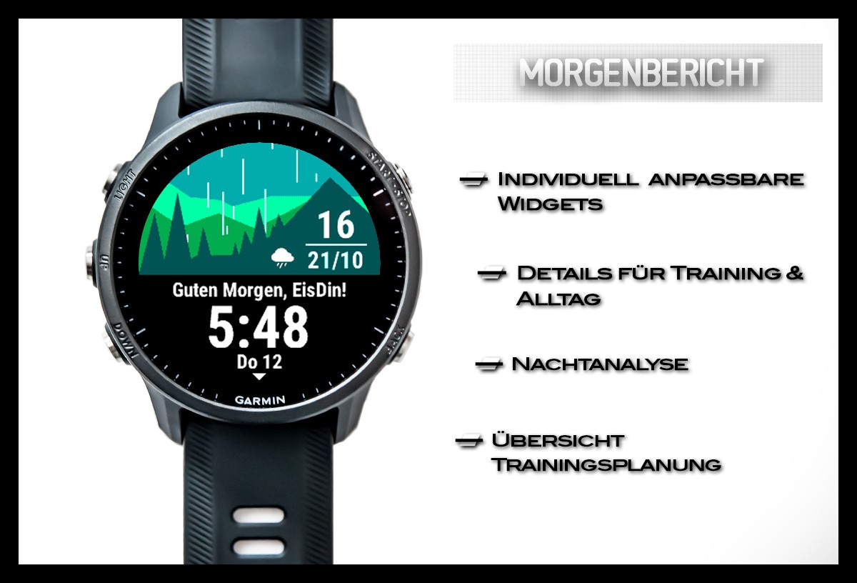 Garmin Forerunner 955 Multisportuhr GPS Test detaillierte Nahaufnahme Display darstellung Funktion Morgenbericht