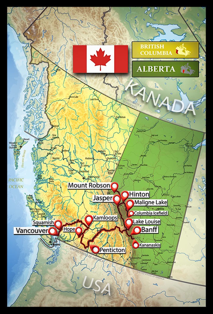 Übersichtskarte Kanada Rundreise von Vancouver nach Penticton bis in die Rocky Mountains und wieder zurück nach Vancouver und Squamish.