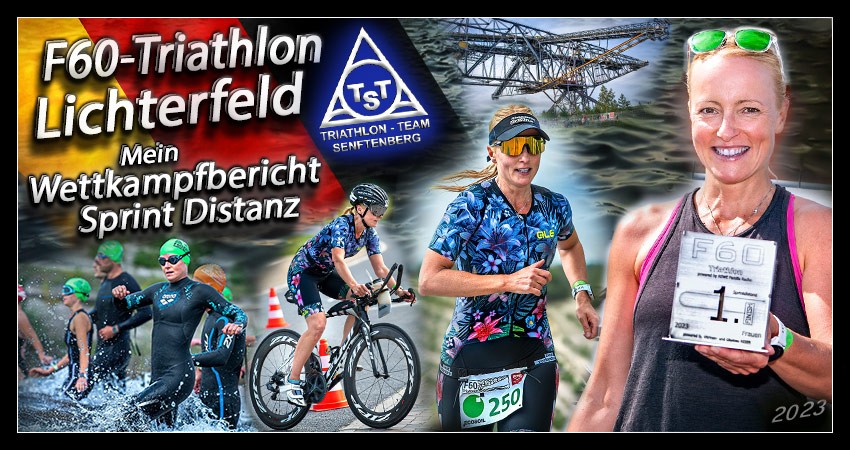 Banner Collage Rennbericht zum F60-Triathlon 2023: familäres Sportevent mit Sprintdistanz und olympischer Distanz, das jährlich am Bergheider See in Lichterfeld ausgetragen wird