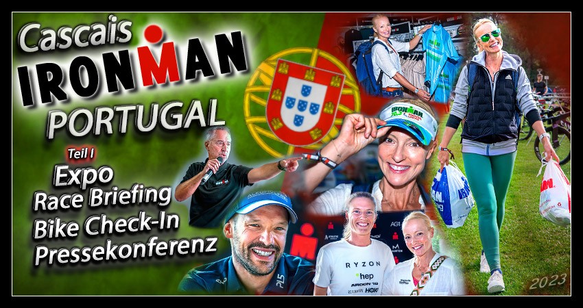 Ironman Portugal Banner Collage zum Rennbericht von der Startlinie bis zum Ziel mit Race Village, Messe, Startunterlagenausgabe, Wettkampfbesprechung, Pressekonferenz und Bike Check-In.