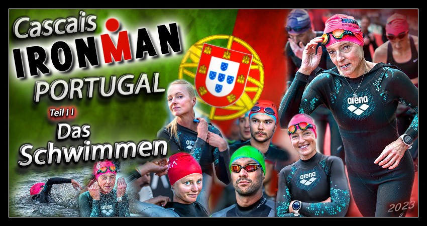 Banner Collage für den Rennbericht über die Ironman Portugal Schwimmstrecke mit 3,8 km im Atlantik und Details mit Fotos über den Wettkampfmorgen | www.eiswuerfelimschuh.de