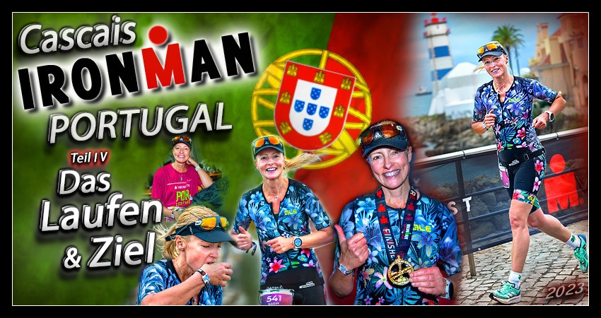 Collage Banner zum Rennbericht zum Ironman Portugal und die Laufstrecke in Cascais, die an der Atlantikküste entlang führt, mit zahlreichen Triathlon Fotos.