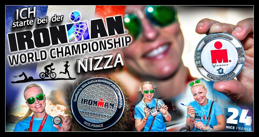 Banner Collage Beitrag zur Ironman World Championship Nizza – Women's Race 2024 - Race Village, Startunterlagenausgabe, Fun Run, Swim Baie des Anges, Streckencheck,...