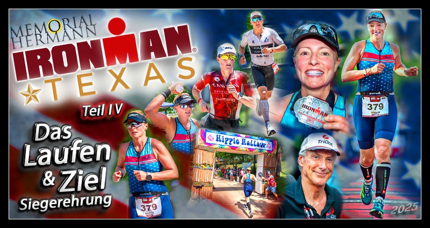 Banner Collage für den Triathlon Blog Artikel Ironman Texas mit Eindrücken von der Laufstrecke, dem Zieleinlauf, der Post Race Athlete Area & dem Finisher Banquet