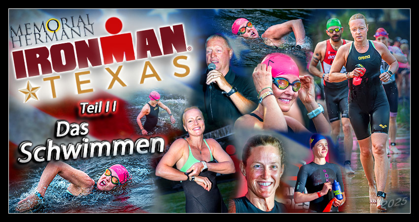 Ironman Texas Schwimmstrecke Banner Collage mit Details des Morgens, des Wechselbereichs und persönliche Eindrücke zur 3,8 km-Etappe im Lake Woodlands.
