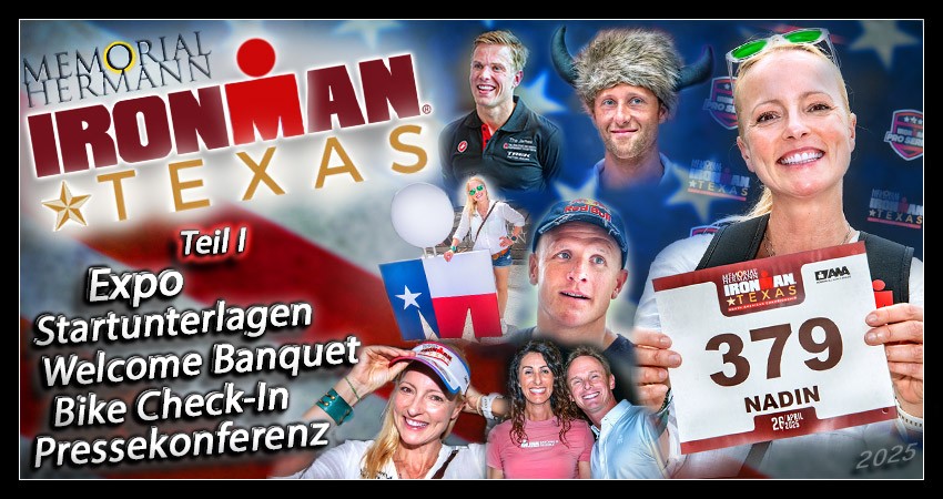 Banner College für den Ironman Texas 2025 Artikel über die Einblicke in Startunterlagenausgabe, Expo/Race Village, Pressekonferenz, ins Welcome Banquet & in den Bike Check-In.