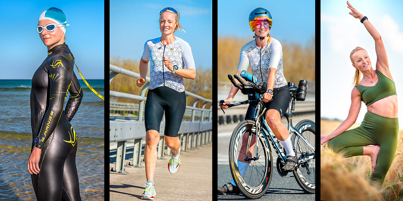 Triathlon Training Banner mit Triathletin im Neoprenanzug, TriSuit, mit Zeitfahrrad und Yogasachen